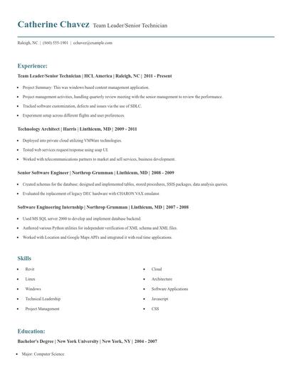 Team Leader/Senior Technician Resume
