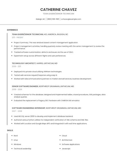 Team Leader/Senior Technician Resume
