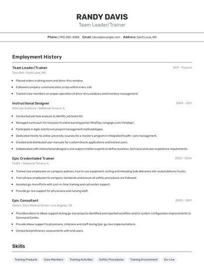 Team Leader/Trainer Resume