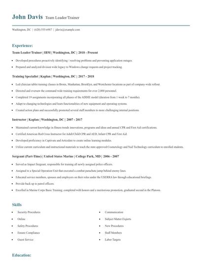 Team Leader/Trainer Resume