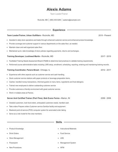 Team Leader/Trainer Resume
