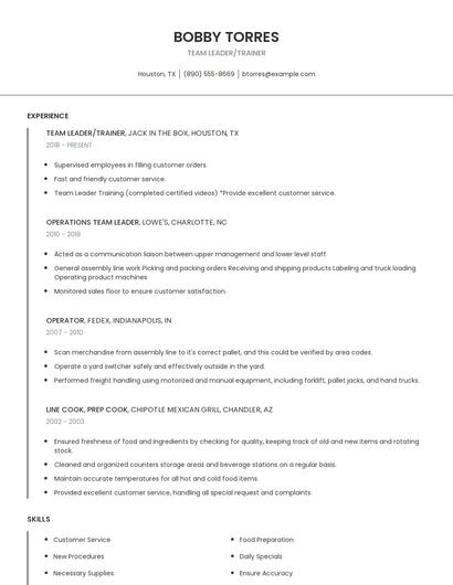 Team Leader/Trainer Resume