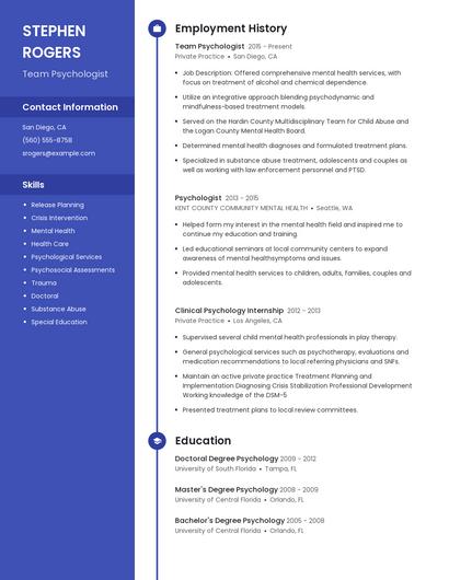 Team Psychologist Resume