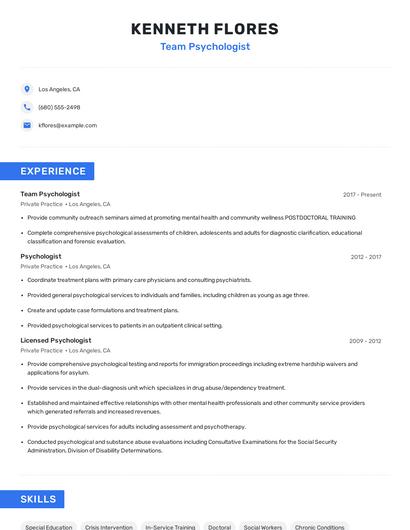 Team Psychologist Resume