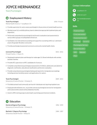 Team Psychologist Resume
