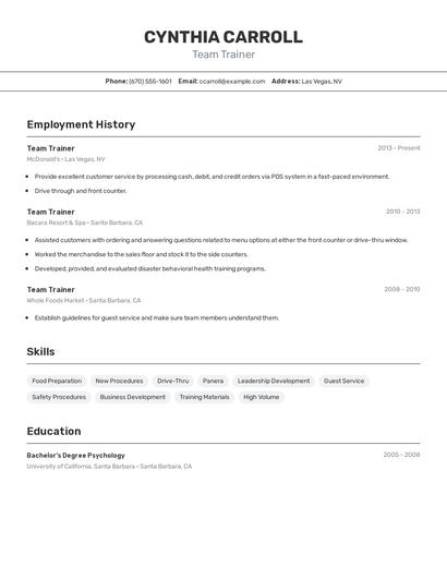Team Trainer Resume