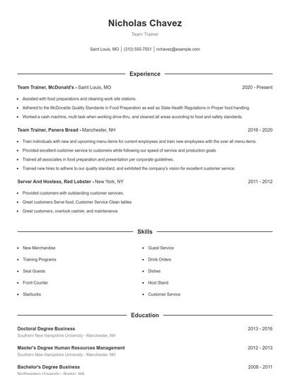 Team Trainer Resume
