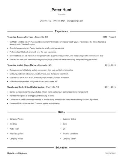 Teamster Resume