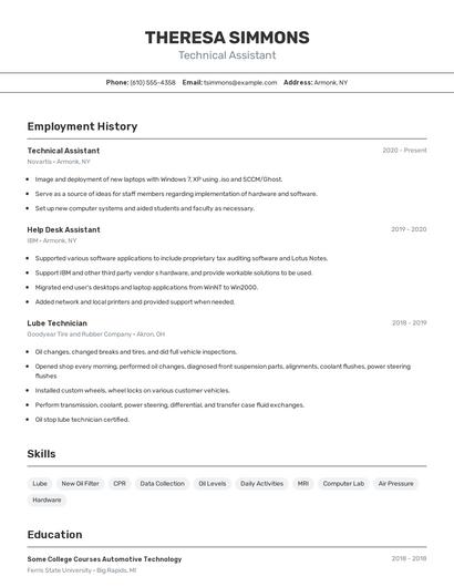 Technical Assistant Resume
