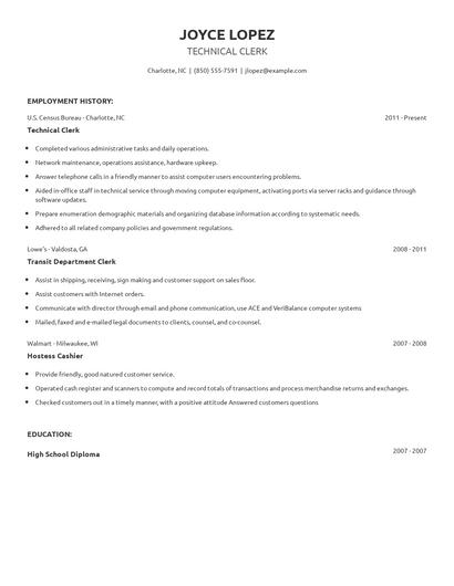 Technical Clerk Resume