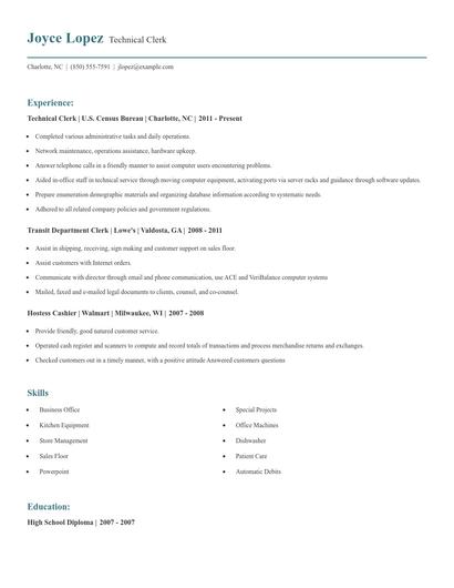 Technical Clerk Resume