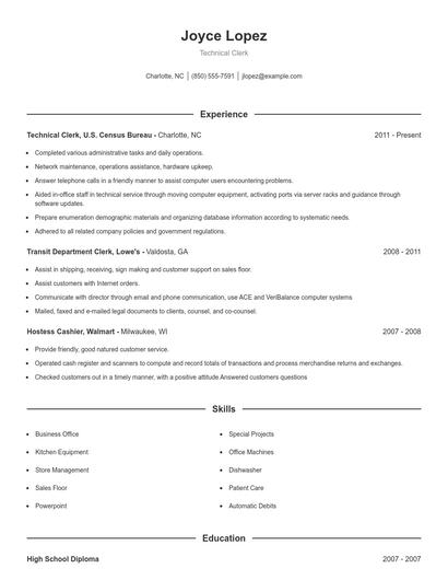 Technical Clerk Resume