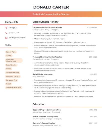 Technical Communication Teacher Resume