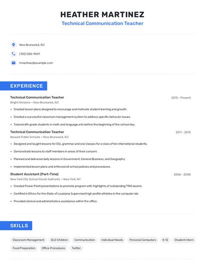 Technical Communication Teacher Resume