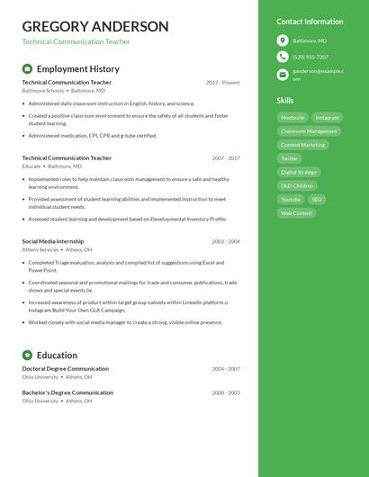 Technical Communication Teacher Resume