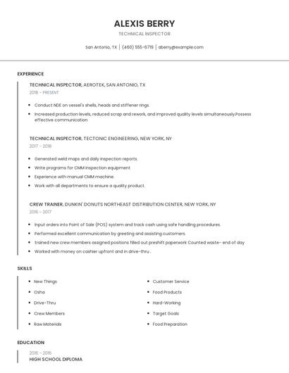Technical Inspector Resume
