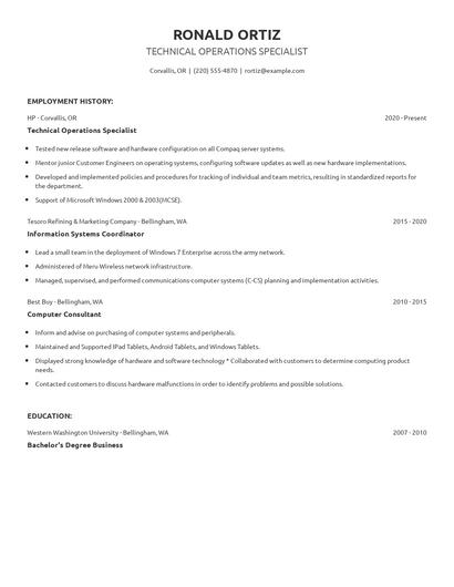 Technical Operations Specialist Resume