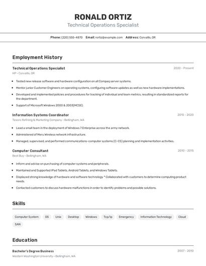 Technical Operations Specialist Resume