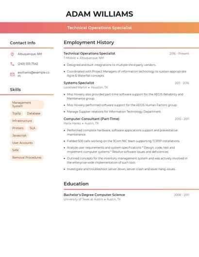 Technical Operations Specialist Resume