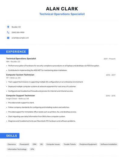 Technical Operations Specialist Resume