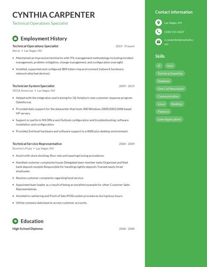 Technical Operations Specialist Resume