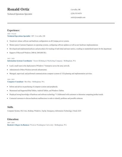Technical Operations Specialist Resume