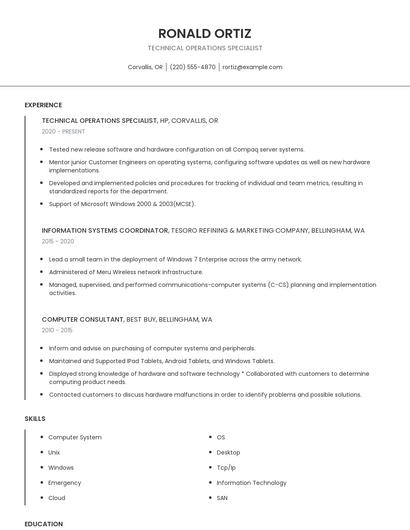 Technical Operations Specialist Resume