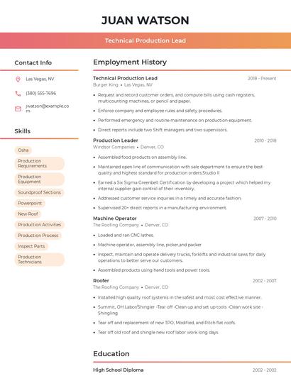 Technical Production Lead Resume