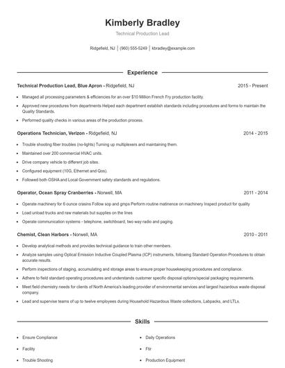 Technical Production Lead Resume