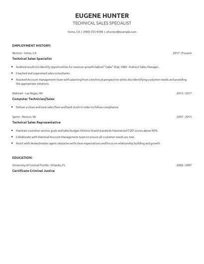 Technical Sales Specialist Resume