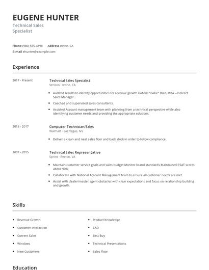 Technical Sales Specialist Resume