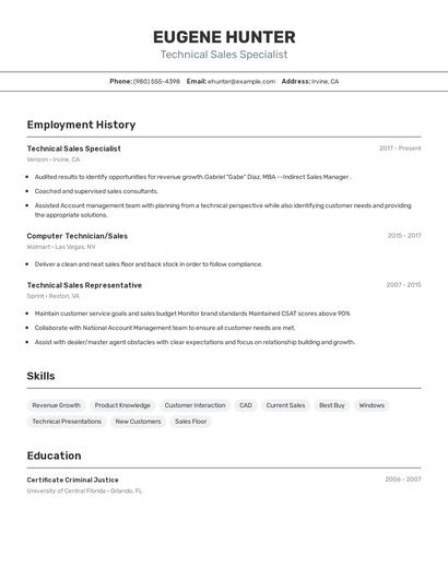 Technical Sales Specialist Resume