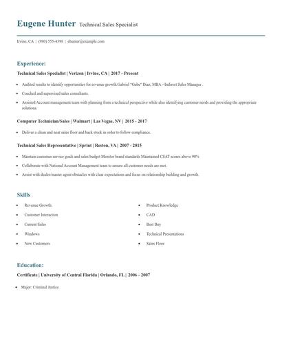 Technical Sales Specialist Resume