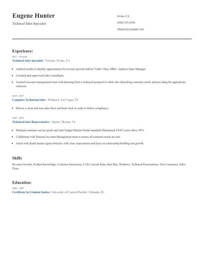 Technical Sales Specialist Resume