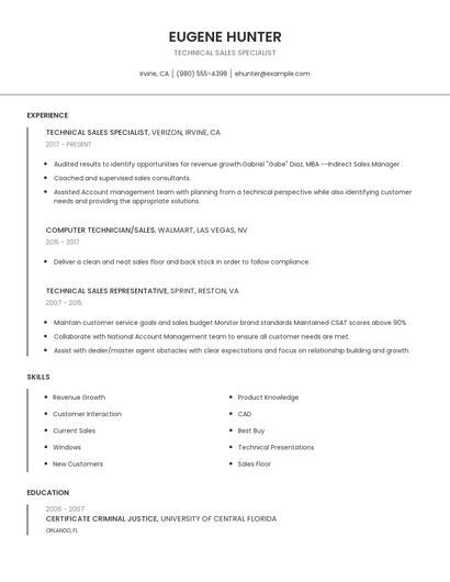 Technical Sales Specialist Resume