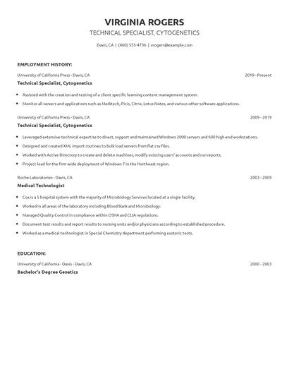 Technical Specialist, Cytogenetics Resume