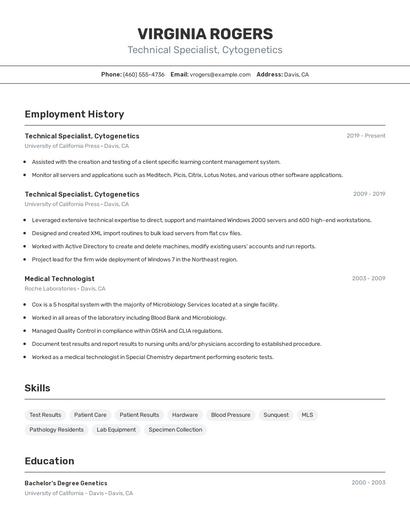 Technical Specialist, Cytogenetics Resume
