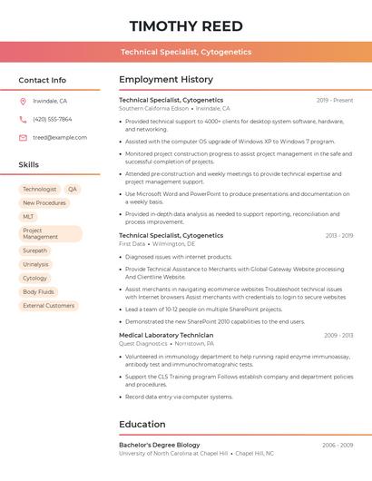 Technical Specialist, Cytogenetics Resume