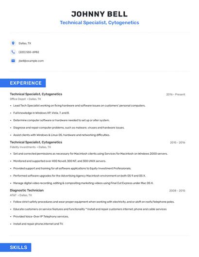 Technical Specialist, Cytogenetics Resume