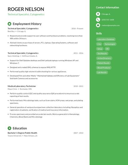 Technical Specialist, Cytogenetics Resume
