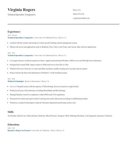 Technical Specialist, Cytogenetics Resume