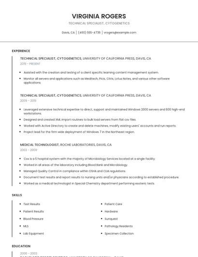 Technical Specialist, Cytogenetics Resume