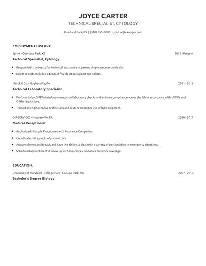 Technical Specialist, Cytology Resume