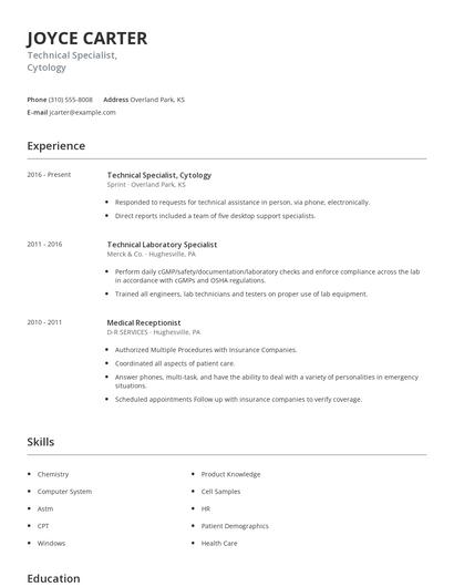 Technical Specialist, Cytology Resume