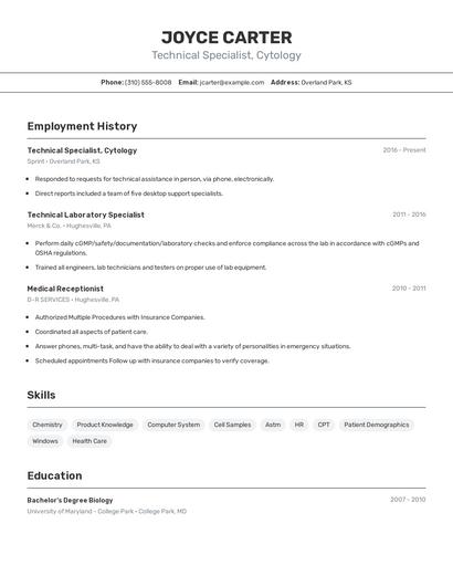 Technical Specialist, Cytology Resume