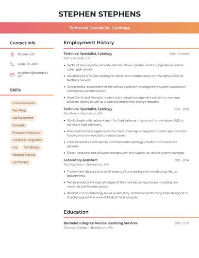 Technical Specialist, Cytology Resume