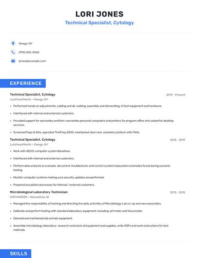 Technical Specialist, Cytology Resume