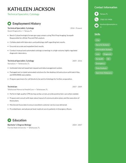 Technical Specialist, Cytology Resume