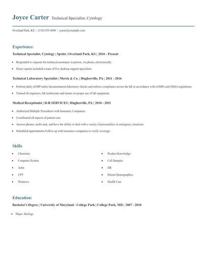 Technical Specialist, Cytology Resume