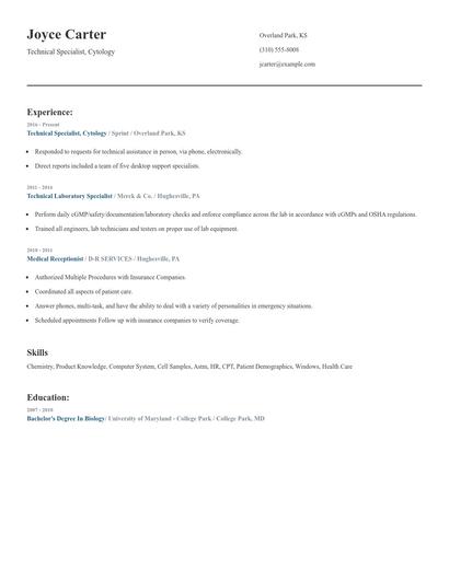Technical Specialist, Cytology Resume